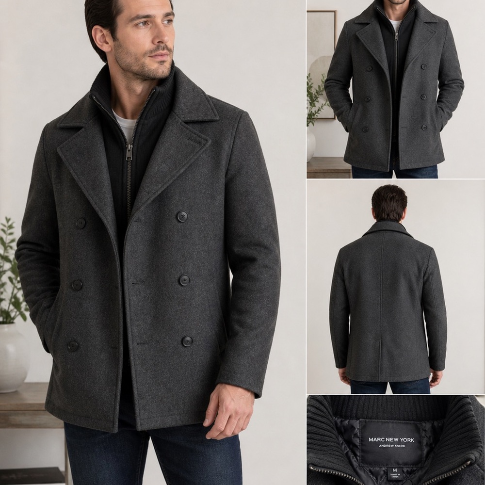 Marc New York Andrew Marc Wool Blend Coat M Gray Double Breasted Bib Insert